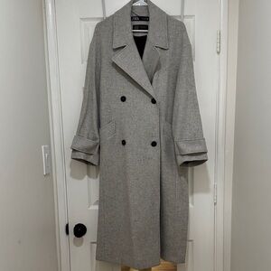 Zara Light Gray Double-Breasted Wool-Blend Trench Coat